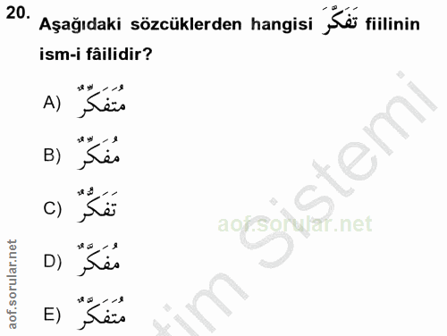 20. soru: Aşağıdaki sözcüklerden hangisi "Säi filinin ism-i fâilidir? مُتَفَكِّرٌ (A B) "Ses تَفَكُّرٌ () ao D) "Se مُتَفَكَّرٌ (E