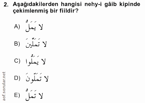 2. soru: Aşağıdakilerden hangisi nehy-i gâib kipinde çekimlenmiş bir fiildir? A) Ja y B) iștá y c) lala: y D) ¿ęlaí Y E) Ja y