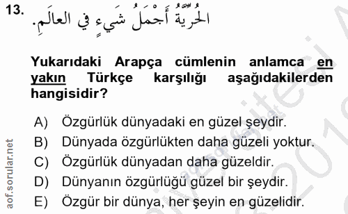 13. soru: الحُرية أَجْمَلُ شَيءٍ في العالَمِ. Yukarıdaki Arapça cümlenin anlamca en yakın Türkçe karşılığı aşağıdakilerden hang…