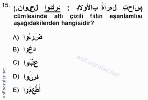 15. soru: (صاحتِ لحرأةً بالأولادِ : يركوا لحوان.) .15 cümlesinde altı çizili fiilin eşanlamlısı aşağıdakilerden hangisidir? A)…