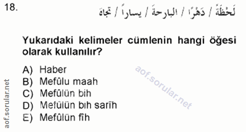18. soru: Yukarıdaki kelimeler cümlenin hangi öğesi olarak kullanılır? A) Haber B) Mefülu maah C) Mefülün bih D) Metülün bıh sa…
