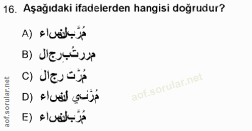16. soru: Aşağıdaki ifadelerden hangisi doğrudur? مُرَّب لنساء (A مررتُبرج ال (B مُرّت رج ال (C مُرَّني النساء (D E) sivik-ip