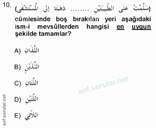 10. soru: اسَلَّمْتُ على الطّْبِيَتَيْنِ ........ ذَهَبَتَا إلى المسْتَشْفَى) .10 cümlesinde boş bırakılan yeri aşağıdaki ism-i…
