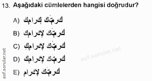 13. soru: Aşağıdaki cümlelerden hangisi doğrudur? كرمك كرامِكَ (A كرمك لإدرامك (B كرتك الإرامك () كرتك لإدرامك (D كرتك لإعرام (E