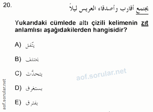 20. soru: يجتمع أقارب وأصدقاء العريس ليلاَ Yukarıdaki cümlede altı çizili kelimenin zıt anlamlısı aşağıdakilerden hangisidir? ي…