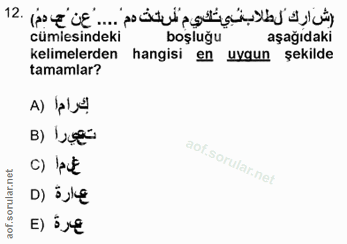 12. soru: cümlesindeki boşlugu aşağıdaki kelimelerden hangisi en uygun şekilde tamamlar? A) lal ál B) bee: c) lau€ D) ¡ ję E) i xe