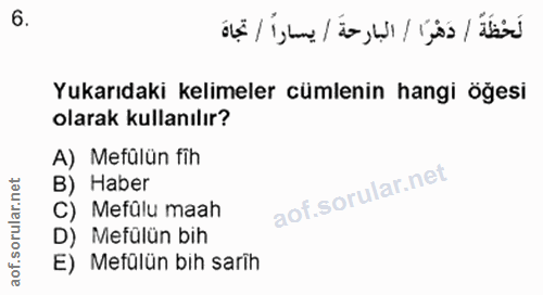 6. soru: Yukarıdaki kelimeler cümlenin hangi öğesi olarak kullanılır? A) Mefülün fih B) Haber C) Mefülu maah D) Mefülün bih E)…