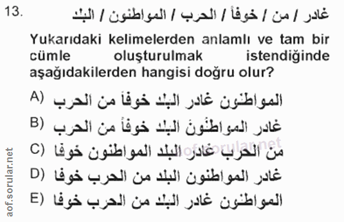 13. soru: Yukarıdaki kelimelerden anlamlı ve tam bir cümle oluşturulmak istendiğinde aşağıdakilerden hangisi doğru olur?