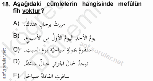 18. soru: Aşağıdaki cümlelerin hangisinde mefülün fih yoktur? مررتُ برجالٍ عندكَ. (A Oy sum po dt ig i sus orular.net يومُ الأح…