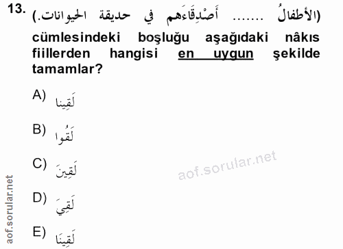 13. soru: أَصْدِقَاءهم في حديقة الحيوانات.) .13 (الأطفالُ cümlesindeki boşluğu aşağıdaki nâkis fiillerden hangisi en uygun şeki…