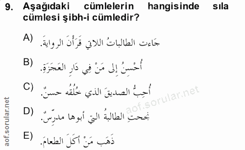 9. soru: Aşağıdaki cümlelerin hangisinde sıla cümlesi şibh-i cümledir? A) جَاءت الطالباتُ اللاتي قَرَأْنَ الرواية. B) أُحْسِنُ…