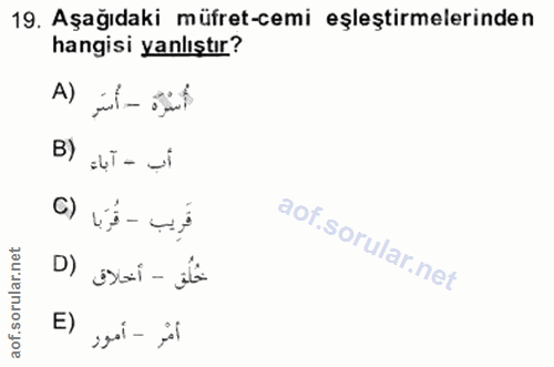 19. soru: Aşağıdaki müfret-cemi eşleştirmelerinden hangisi yanlıştır? A) B) - آباء C) قُرَبا قَريب D) stai - ati E) أمْر - أمور