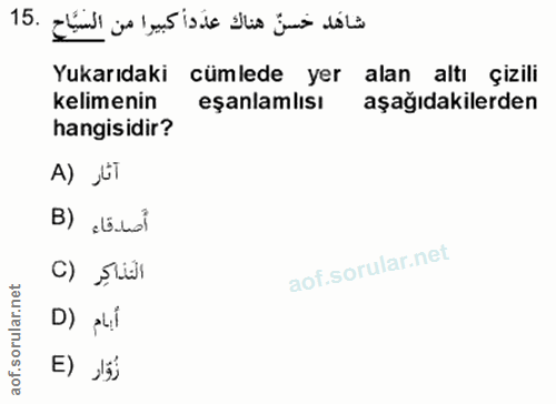 15. soru: شاهد حسنٌ هناك عدَدا كبيرا من السّيَّاحِ .15 Yukarıdaki cümlede yer alan altı çizili kelimenin eşanlamlısı aşağıdakil…
