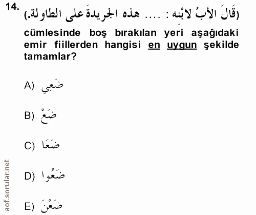 14. soru: (قَالَ الأَبُ لابْنه : .... هذه الجريدةَ على الطاولة.) cümlesinde boş bırakılan yeri aşağıdaki emir fiillerden hangis…