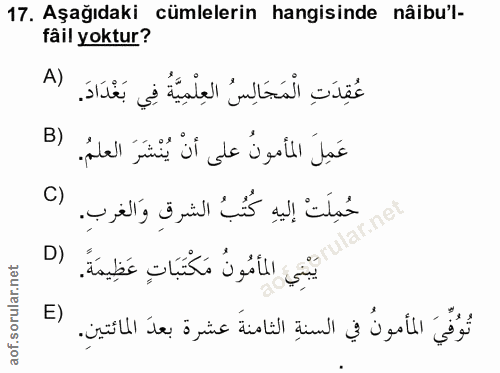 17. soru: Aşağıdaki cümlelerin hangisinde nâibu'l- fâil yoktur? A) عُقِدَتِ الْمَجَالِسُ العِلْمِيَّةُ فِي بَعْدَادَ. B) عَمِلَ…