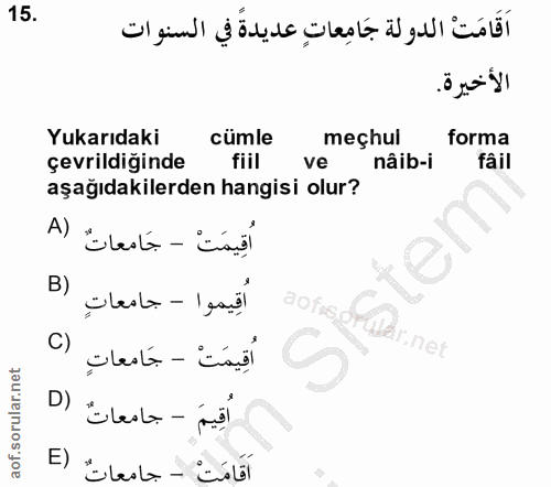 15. soru: اَقَامَتْ الدولة جَامِعاتٍ عديدةً في السنوات الأخيرة. Yukarıdaki cümle meçhul forma çevrildiğinde fiil ve nâib-i fâil…