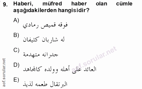 9. soru: Haberi, müfred haber olan cumle aşağıdakilerden hangisidir? A) فوقه قميص رمادي B) له شاربان كثيفان جدرانه متهدمة (C D…
