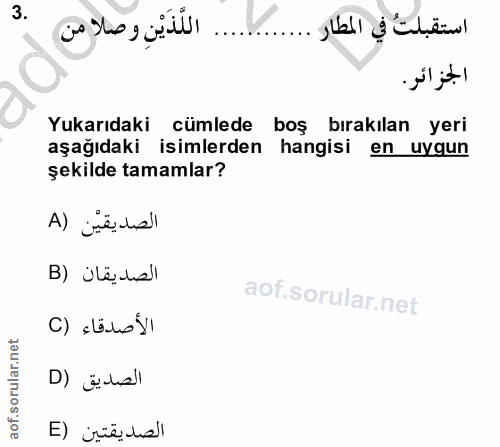 3. soru: ... اللَّذَيْنِ وصلا من الجزائر. Yukarıdaki cümlede boş bırakılan yeri aşağıdaki isimlerden hangisi en uygun şekilde…