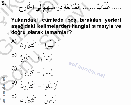 5. soru: ..... طُلَّابٌ .... Yukarıdaki cümlede boş bırakılan yerleri aşağıdaki kelimelerden hangisi sırasıyla ve doğru olarak…
