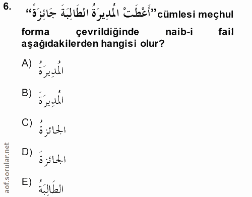 6. soru: "öyla üşblöyl| abl" cümlesi meçhul forma çevrildiğinde naib-i fail aşağıdakilerden hangisi olur? A) !. المُدِيرَ B) ا…