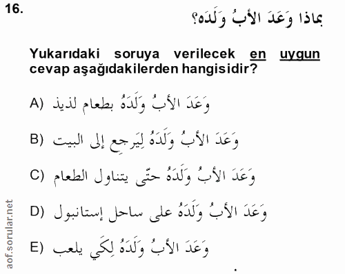 16. soru: بماذا وَعَدَ الأبُ وَلَدَه؟ Yukarıdaki soruya verilecek en uygun cevap aşağıdakilerden hangisidir? وَعَدَ الأبُ وَلدَ…