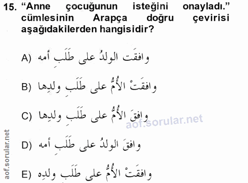 15. soru: "Anne çocuğunun isteğini onayladı." cümlesinin Arapça doğru çevirisi aşağıdakilerden hangisidir? وافقَت الولدُ على طَ…
