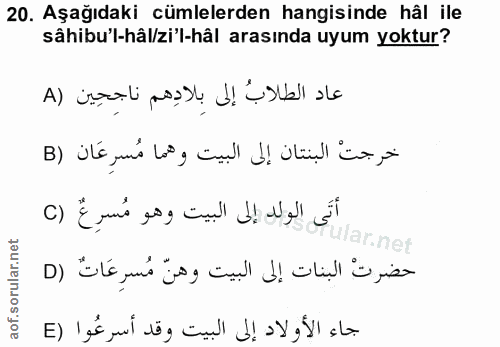 20. soru: Aşağıdaki cümlelerden hangisinde hâl ile sâhibu'l-hâl/zi'l-hâl arasında uyum yoktur? عاد الطلابُ إلى بِلادِهم ناجِحِي…