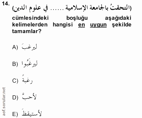 14. soru: (التحقتُ بالجامعة الإسلامية ...... في علوم الدين) cümlesindeki boşluğu aşağıdaki kelimelerden hangisi en uygun şekild…