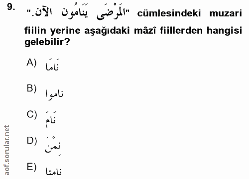 9. soru: ".üğl ügale sel" cümlesindeki muzari fiilin yerine aşağıdaki mâzî fiillerden hangisi gelebilir? A) Úú B) leoli C) D)…
