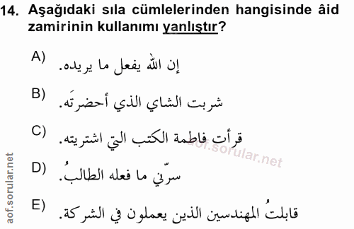 14. soru: Aşağıdaki sıla cümlelerinden hangisinde âid zamirinin kullanımı yanlıştır? A) إن اللّٰه يفعل ما يريده. B) شربت الشاي…