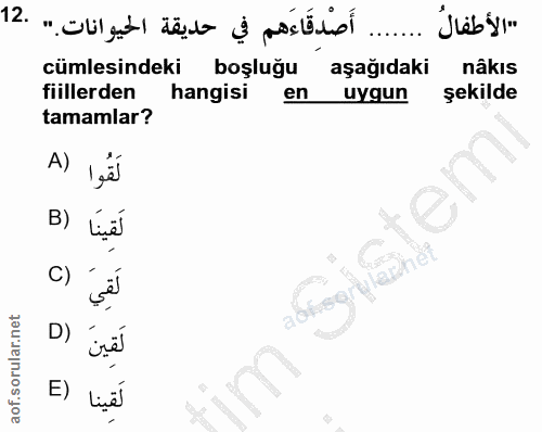 12. soru: أَصْدقَاءَهم في حديقة الحيوانات" .12 "الأطفالُ cümlesindeki boşluğu aşağıdaki nâkıs fiillerden hangisi en uygun şekil…