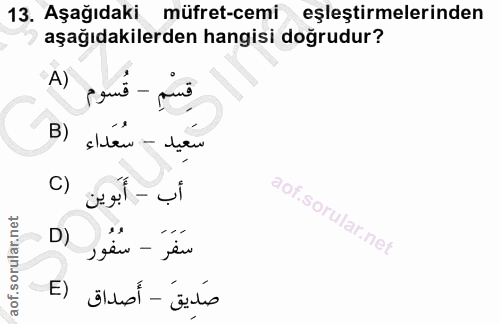 13. soru: Aşağıdaki müfret-cemi eşleştirmelerinden aşağıdakilerden hangisi doğrudur? A) قِسْمِ - قُسوم B) سَعِيد - سُعَداء C) أ…