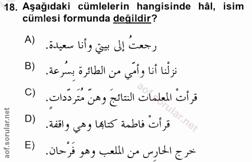 18. soru: Aşağıdaki cümlelerin hangisinde hâl, isim cümlesi formunda değildir? A) رجعتُ إلى بيتي وأنا سعيدة. B) نزلْنا أنا وأمّ…