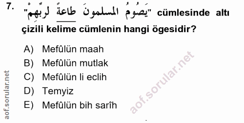 7. soru: ". "Mi) del ügatal pis" cümlesinde altı çizili kelime cümlenin hangi ögesidir? A) Mefülün maah B) Mefülün mutlak C) M…