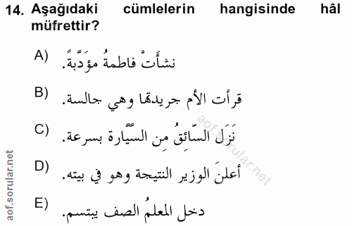 14. soru: Aşağıdaki cümlelerin hangisinde hàl müfrettir? A)| B) قرأت الأم جريدتها وهي جالسة. C) نَزَل السَّائِقُ مِن السّيَّارة…