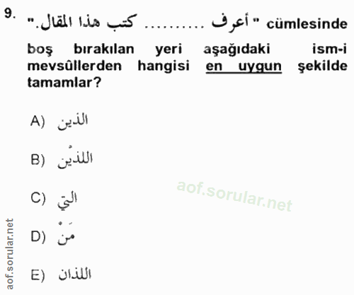 9. soru: كتب هذا المقال " .9 i,si" cümlesinde boş bırakılan yeri aşağıdaki ism-i mevsüllerden hangisi en uygun şekilde tamamla…