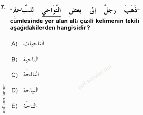 7. soru: "ذَهَبَ رجلّ إلى بعضِ النَّوَاحي للسّياحةِ." .ج cümlesinde yer alan altı çizili kelimenin tekili aşağıdakilerden hang…