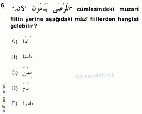 6. soru: ". üYl ügle sie il" cümlesindeki muzari fiilin yerine aşağıdaki måzi fiillerden hangisi gelebilir? A) LL B) Lali نَمْ…