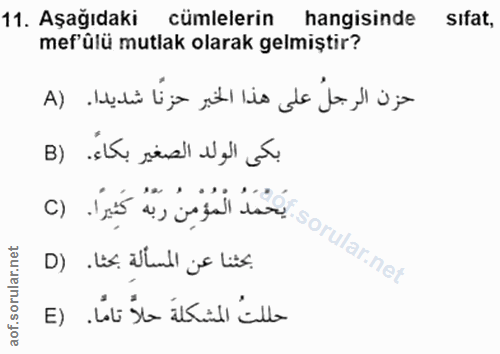 11. soru: Aşağıdaki cumlelerin hangisinde sıfat, mef'ülü mutlak olarak gelmiştir? حزن الرجلُ على هذا الخبر حزنًا شديدا. (A بكى…