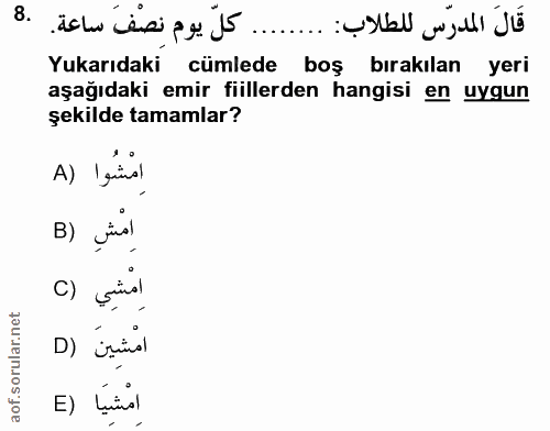 8. soru: قَالَ المدرّس للطلاب: ....... كلّ يوم نصْفَ ساعة. Yukarıdaki cümlede boş birakılan yeri aşağıdaki emir fiillerden han…