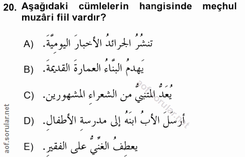 20. soru: Aşağıdaki cümlelerin hangisinde meçhul muzâri fiil vardır? تنشُرُ الجرائدُ الأخبارَ اليومِيَّةَ. (A يَهدمُ البنَّاءُ…