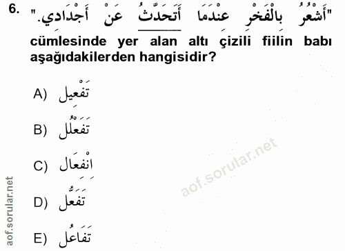 6. soru: "أَشْعُرُ بالْفَخْرِ عِنْدَمَا أَتَحَدَّثُ عَنْ أَجْدَادِي." .6 cümlesinde yer alan altı çizili fiilin babı aşağıdaki…