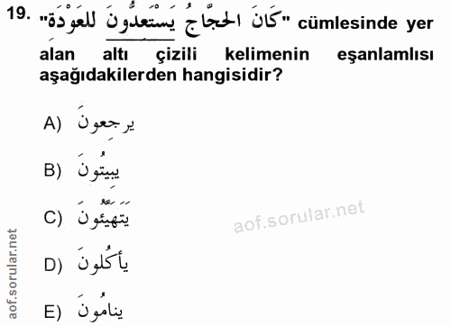 19. soru: "05 gall ü gleim ELch ü'" cümlesinde yer alan altı çizili kelimenin eşanlamlısı aşağıdakilerden hangisidir? يرجعونَ (…