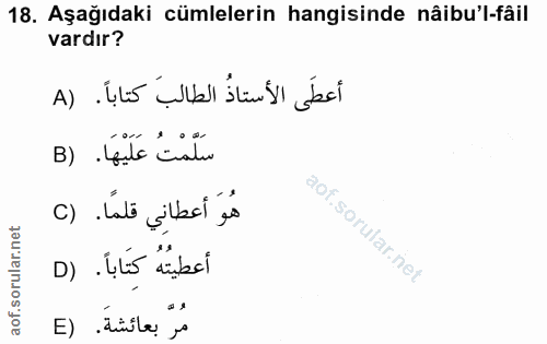 18. soru: Aşağıdaki cümlelerin hangisinde nâibu'l-fâil vardır? أعطَى الأستاذُ الطالب كتاباً . (A سَلَّمْتُ عَلَيْهَا. (B هُوَ أ…