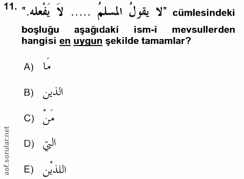 11. soru: مُ ..... لا يَفْعله " .11 all Jse y"'cümlesindeki boşluğu aşağıdaki ism-i mevsullerden hangisi en uygun şekilde tamam…