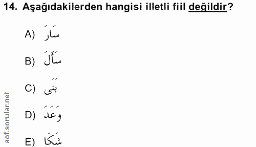 14. soru: Aşağıdakilerden hangisi illetli fiil değildir? سَاَرَ (A سَأَلَ (B بَنَى (C D) ió, E) Éü