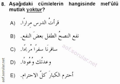 8. soru: Aşağıdaki cümlelerin hangisinde mefülü mutlak yoktur? قرأتُ الدرس مِرارًا. (A نفع النصحُ الطفل بعضَ النفع. (B سافرنَا…