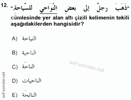 12. soru: «ذَهَبَ رجلٌ إلى بعضِ النَّوَاحي للسّياحةِ." .12 cümlesinde yer alan altı çizili kelimenin tekili aşağıdakilerden han…