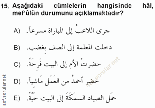 15. soru: Aşağıdaki cumlelerin hangisinde hâl, mef'ülün durumunu açıklamaktadır? جرى اللاعبُ إلى المباراة مسرعاً. (A دخلت المعل…