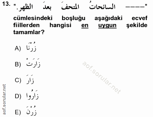 13. soru: السائحاتُ المتحفَ بعدَ الظهر." .13 cümlesindeki boşluğu aşağıdaki ecvef fiillerden hangisi en uygun şekilde tamamlar?…